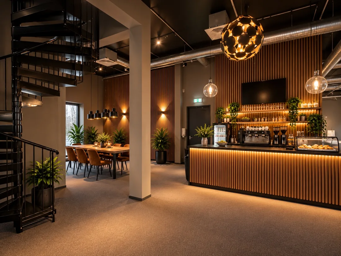 Illustrasjon av sosial sone med kaffebar, spisebord og varm belysning
